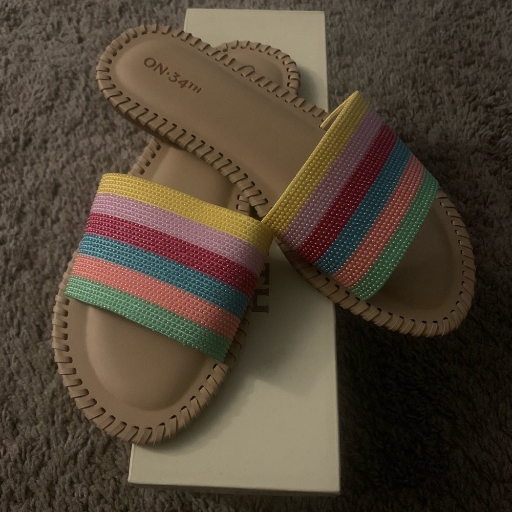 Neutral Slide Sandals with Multicolor Striped Band
